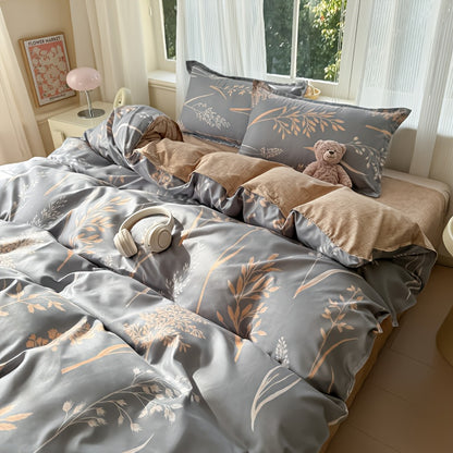 4pcs Soft & Comfortable Plant Print Bedding Set, Duvet Cover, Flat Sheet & 2 Pillowcases (No Fillers), All-Season Polyester with Zipper Closure, Machine Washable, Breathable & Fade-Proof Fabric, Perfect for Bedroom Dorm Guest