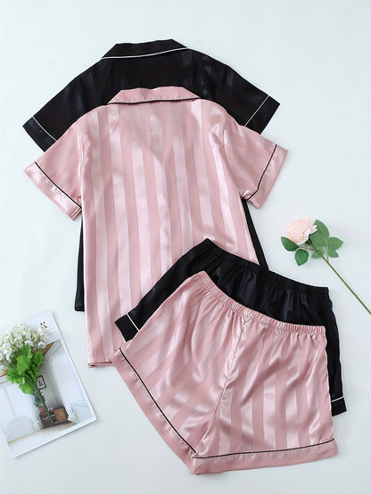 2 Sets Women's Striped Satin Casual Pajama Set, Short Sleeve Buttons Lapel Top & Shorts, Comfortable Relaxed Fit