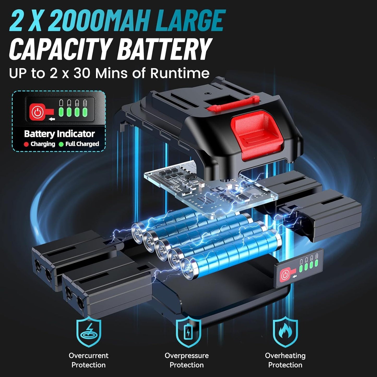 Chave de roquete sem fios Seesii 3/8", 90 N.m 200 RPM, chave de roquete elétrica de 200 RPM e 90 N.m, 2 baterias de 2,0 A e carregador, gatilho de velocidade variável, 8 tomadas, adaptador de 1/4" e 1/2", barra de extensão de 3".