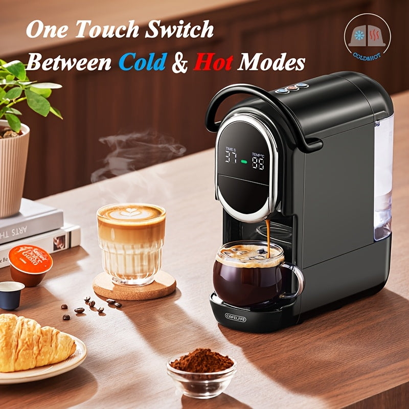 CAFELFFE 4-in-1 Capsule Coffee maker, Automatic Coffee Machine with hot & cold extraction, visual LCD panel, 7-level water adjustment. Compatible with DG/Nes Original/ground coffee/ese Pod, 19Bar. Suitable for home/office, pe