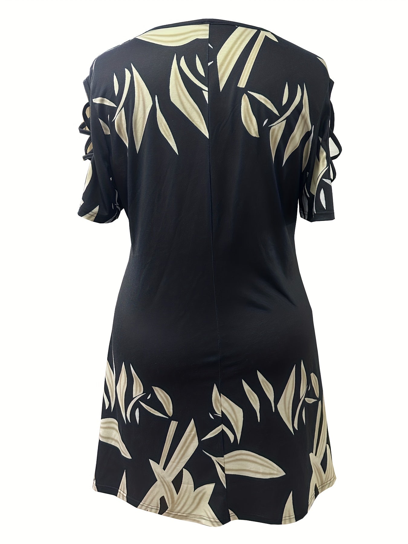 Plus Size Casual Dress, Women's Plus Leaf Print Ring Decor Cut Out Sleeve Round Neck High Stretch Keyhole Front Dress