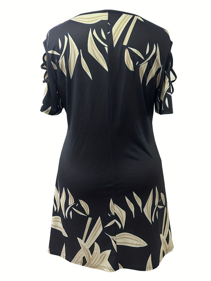 Plus Size Casual Dress, Women's Plus Leaf Print Ring Decor Cut Out Sleeve Round Neck High Stretch Keyhole Front Dress