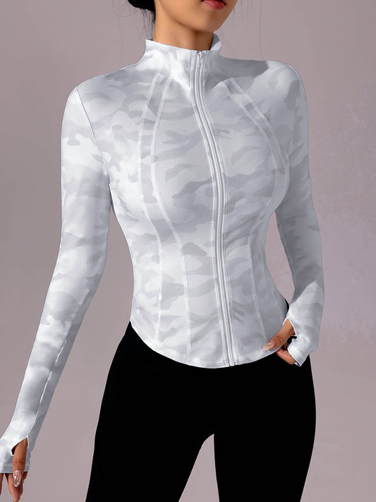 Zip-Up Stand Collar Sports Jacket, Half-Finger Long Sleeve Top with Camouflage Print, Suitable for Outdoor Fitness, Hiking, Golf, Tennis, Badminton, Bowling, Daily Walks and Shopping, Gym/Home Workout, Meditation, Versatile,