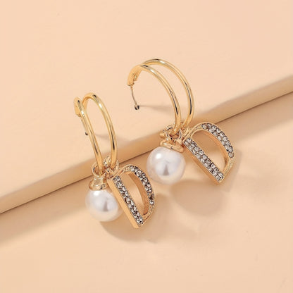 Hollow Letter D Design With Shiny Rhinestone Faux Pearl Decor Golden Dangle Earrings Japanese/ Korean Style Alloy Jewelry Female Gift