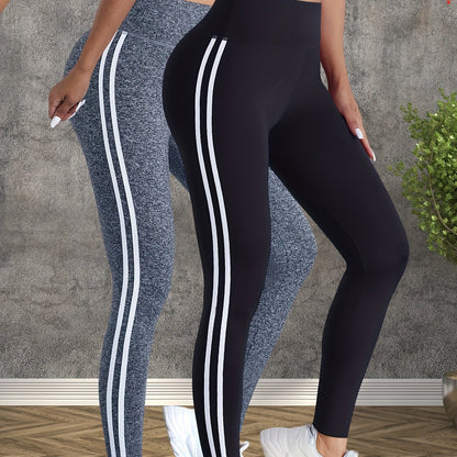 2pcs Women'S High-Waisted Yoga Pants - Side Stripe, Outdoor Sports Tights, Butt-Lifting Tummy Control Leggings, Comfortable Breathable Wide Waistband