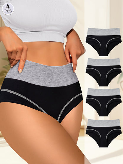 4-Pack High-Waisted Tummy Control Women's Panties, Fashionable Color-Block Comfort Fit Briefs