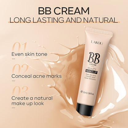 LAIKOU BB Cream à prova de água com cobertura total, tons naturais/marfim/bronzeado, 30ml, base de longa duração, controlo da oleosidade, uniformiza o tom da pele e disfarça os poros.