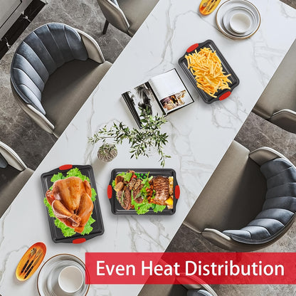 Non-stick Pan Baking Tray, with Red Silicone Handle, Kitchen Baking Plate, Heat-resistant and Non-Sticking, Home Use Baking Tray, Cake, Oven Cookie Baking, Rectangular Cookie Tray, Easy to Clean, Suitable for Cookies, Cakes a