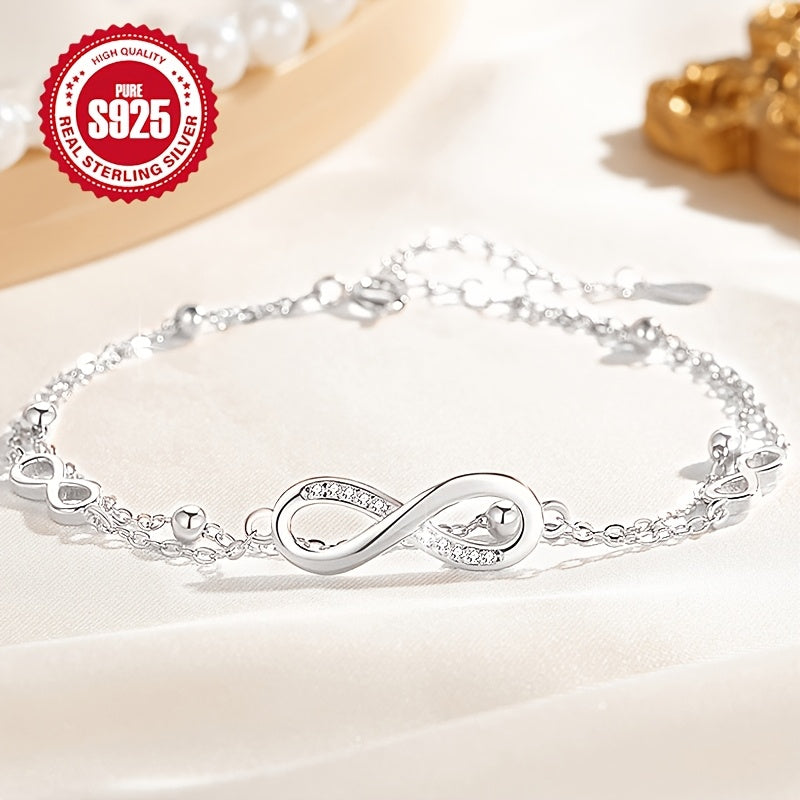 Double-Layered Infinity Synthetic Zirconia Cross Bead Bracelet, 925 Silver, Symbolizing Eternal Love, Perfect for Daily Wear and Christmas/Valentine's Day Gift for Mother Girlfriend, Hypoallergenic, Holiday Present, Daily Jew