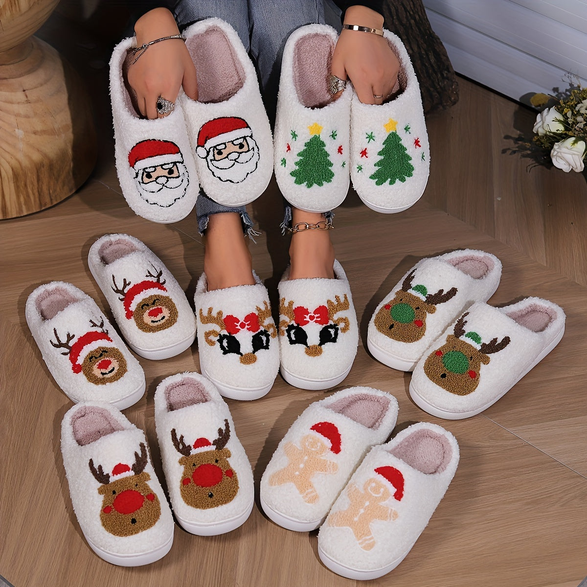 Pantufas felpudas com estampado de árvore de Natal, chinelos de inverno fechados e quentinhos para usar em casa, pantufas aconchegantes de sola macia e felpuda.