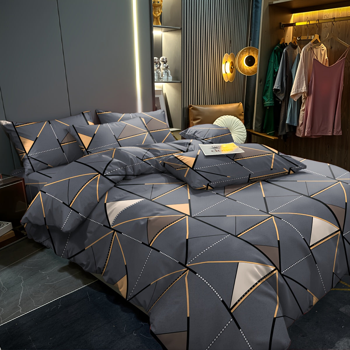 Conjunto de 3 peças, capa de edredão com estampado de triângulos dourados, macia, confortável e respirável, ideal para quarto, quarto de hóspedes ou dormitório de estudantes. Inclui 1 capa de edredão e 2 fronhas.