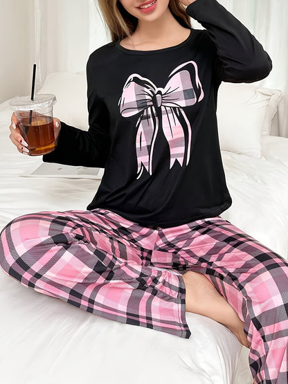 Autumn and Winter Women's Cartoon Plaid Bow Print Long Sleeve Top and Pants Casual Pajama Set, Loungewear Set, Bedtime Outfit, Playful Pajamas, Cute Sleepwear, Comfortable Fit, Soft Fabric, Matching Pajamas, Twopiece Set, Coz