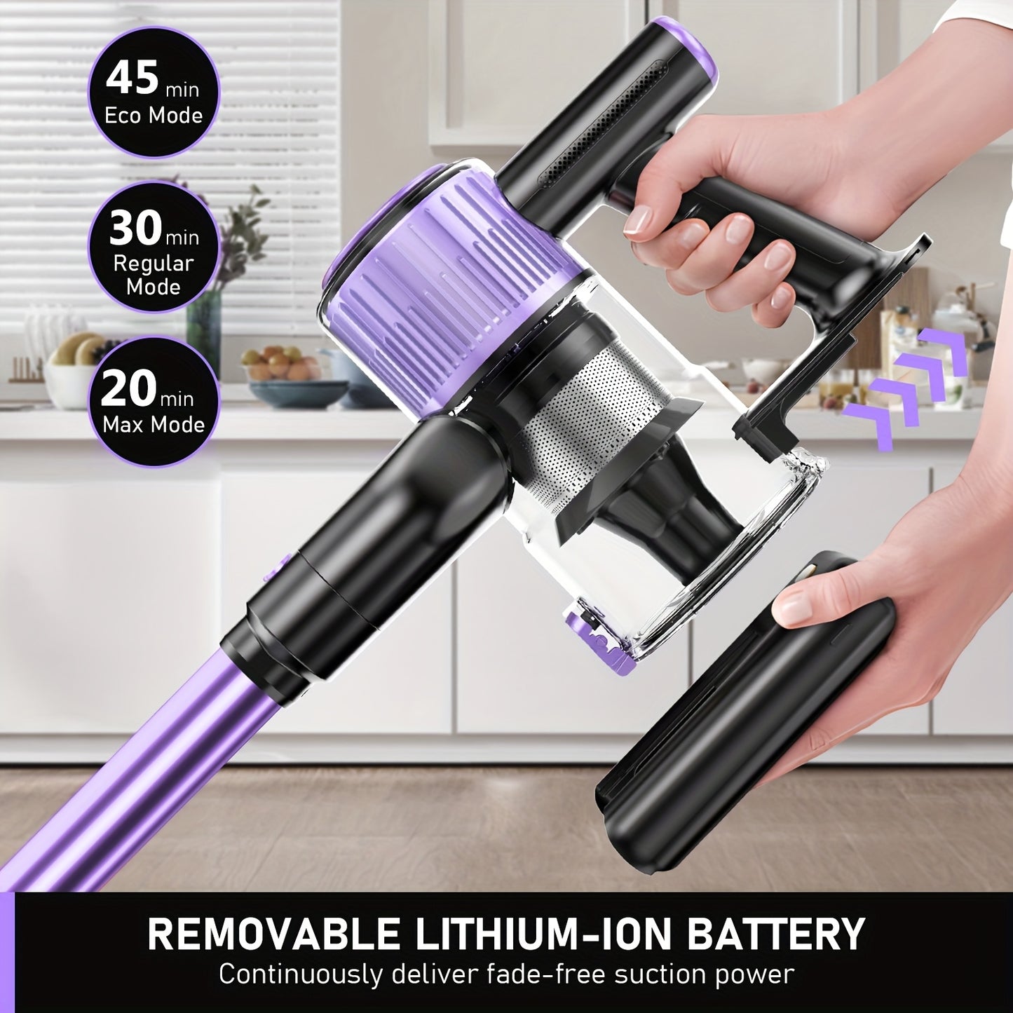 High Suction Home Cordless Vacuum Cleaner, 10-in-1 Multi-Purpose Cane Vacuum Cleaner, 45-Minute Range, 3 Suction Modes with Upgraded Green LED Lights And Tangle-Free Brush for Home, Hardwood Floors, Carpets And Pet Hair.