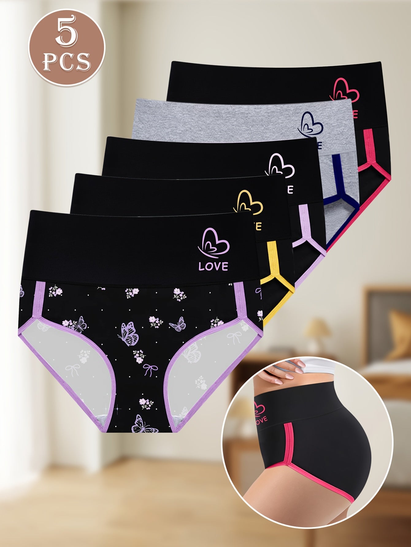 5-Pack Women's High Waist Briefs - Color Block Design, Soft Comfortable Triangle Underwear with Multi-Color Options, Non-Transparent & Hand Wash Only for Everyday Elegant Wear
