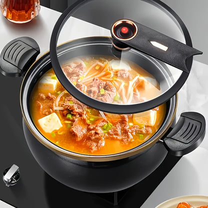 8L Large Cast Iron Stew Pot with Lock Lid - Multifunctional Soup Pot, Suitable for Fast Boiling, Compatible with Gas Stoves, Black Golden Rim | Stylish Black Cookware | Glass Lid Design, Home Gift