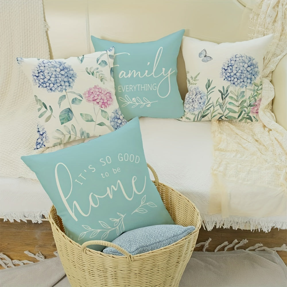 4pcs Blue Hydrangea Linen Blend Throw Pillow Covers, Cushion Cover For Bed Sofa Couch Living Room Decor Home Decor, No Pillow Insert, 18inch*18inch