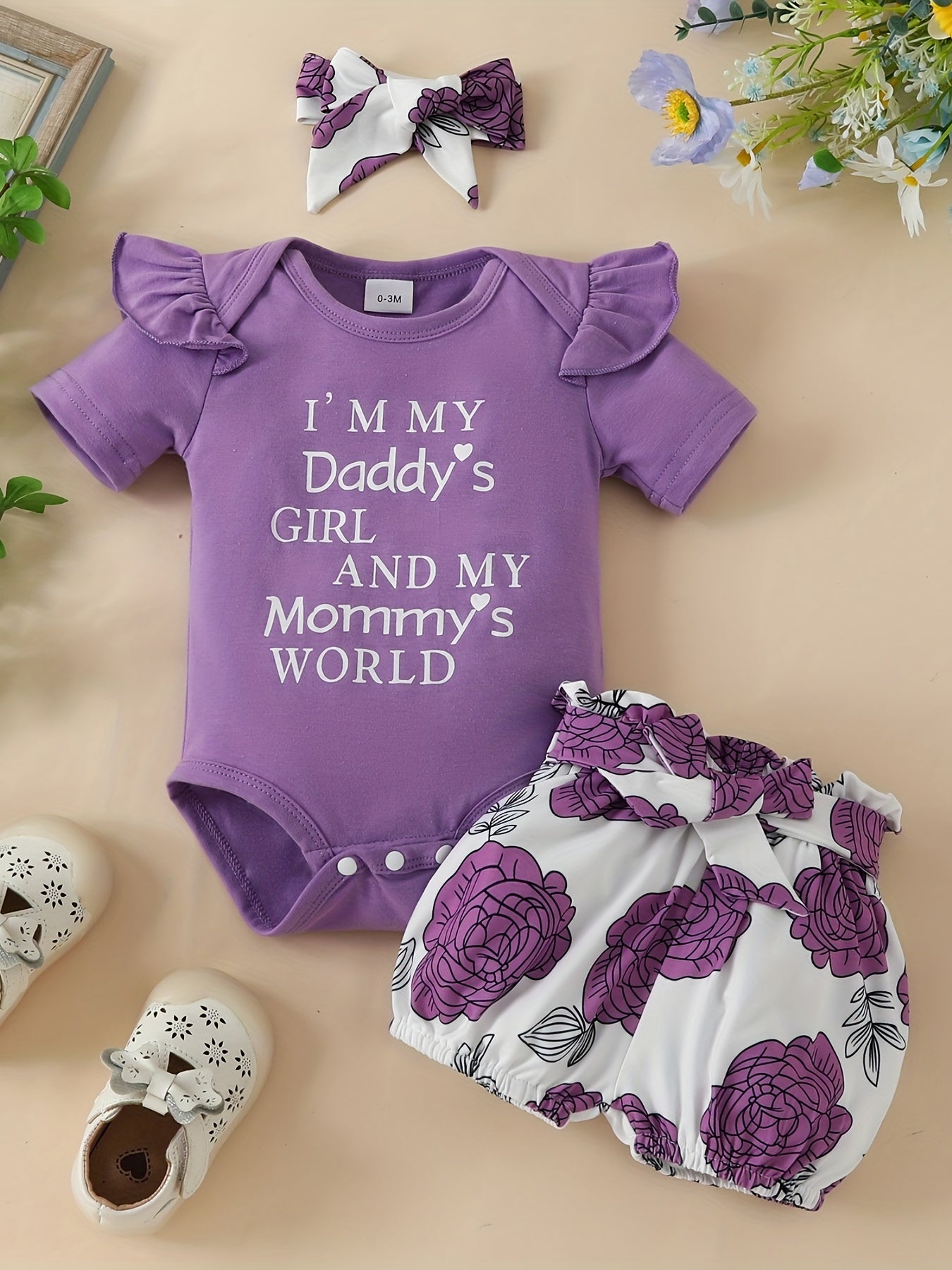 3pcs Short Sleeve &amp; Shorts Set for Newborns - "I'm Daddy's Girl" Letter Print Pants and Headband, Mommy's World Alphabet Kids' Outfit, Perfect for Outdoor