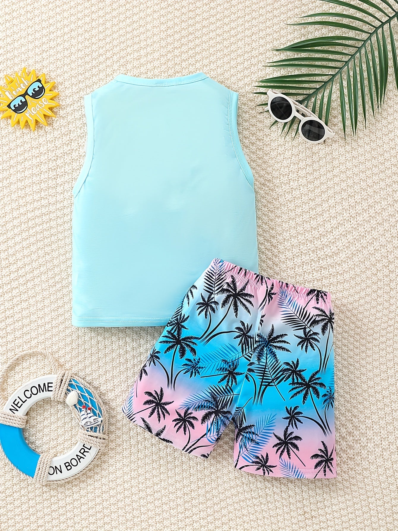 Boy's Coconut Trees Casual Outfit Round Neck Tank Top & Shorts Comfortable Breathable For Summer Kids Clothes Sets, Ideal For Daily & Outdoor Wear