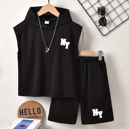 Cool Short-Sleeve T-Shirt with Letter Print And Shorts Set for Boys, for Outdoor