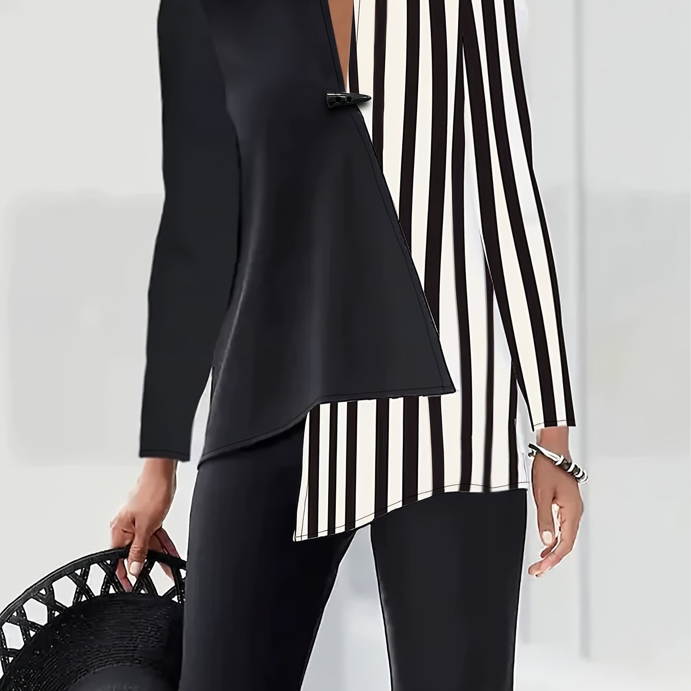 Stripe Print Button Front Asymmetric Blouse, Elegant Long Sleeve Top For Spring & Fall, Women's Clothing