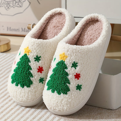 Pantufas felpudas com estampado de árvore de Natal, chinelos de inverno fechados e quentinhos para usar em casa, pantufas aconchegantes de sola macia e felpuda.