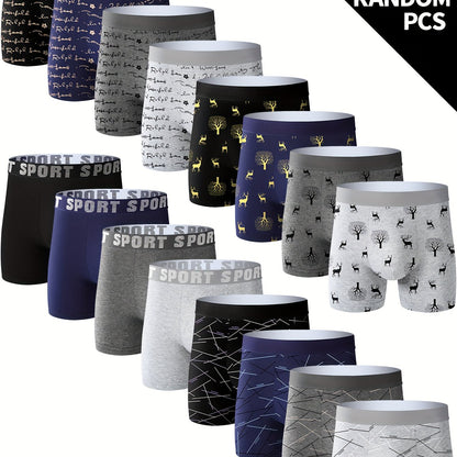 Stylish High Quality Series - 10 Pcs Men's Geometric Letter Deer Print Stretchy Long Boxer Briefs - Comfy & Quick- Drying & Breathable Underwear Set