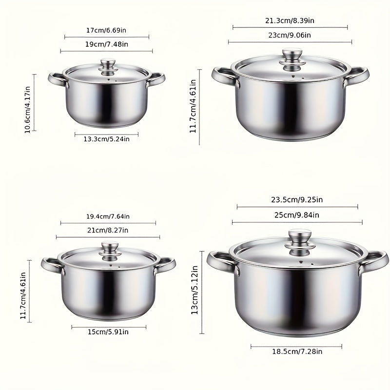 8pcs Stainless Steel Cookware Set, 4 Pots + 4 Lids, Non-Stick Surface Soup Pot, Suitable for Kitchen Use - Cooking Noodles - Seafood - Ramadan Essentials