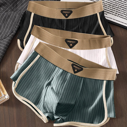 3pcs Men'S Boxer Briefs - Breathable, Comfortable, Stretchy Ribbed Striped Underwear in, Green, and, Perfect for Casual Attire or Sports, Comfortable Underwear | Ribbed Texture | Medium Elasticity