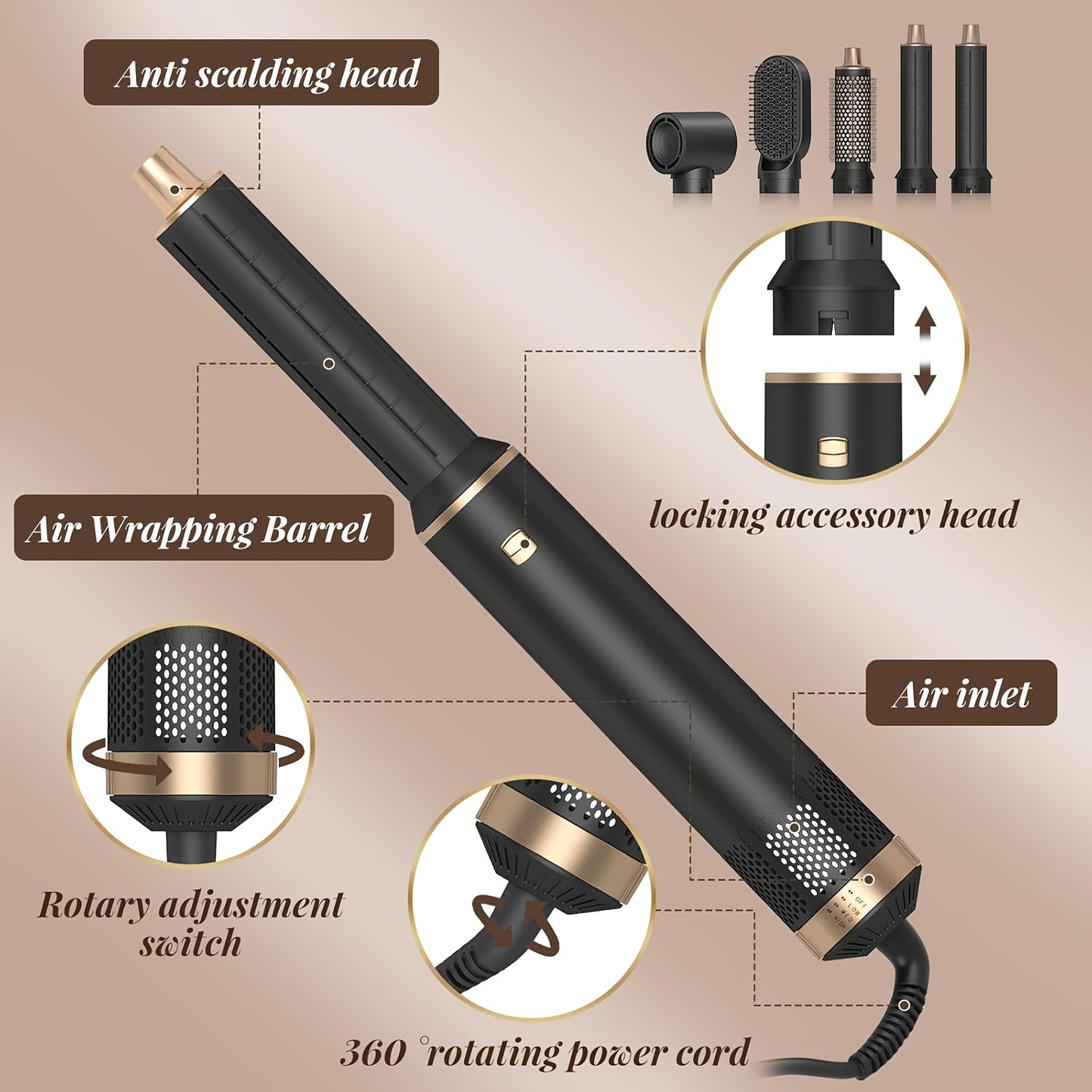 5in 1 Hair Styler Hot Air Brush Detachable Hair Hot Brush Air Curler Air Curling Wrap Styler Upgrade Hot Air Brush Curling Iron Brush Hair Styling Tools for Curling Straightening, Hair Straightening Tool, Salon Styling Tool,
