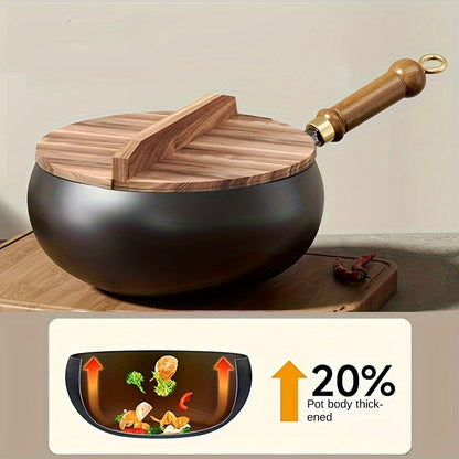 LDQ 1pc Cast Iron Pan Splash Resistant Design Rust Proof Durable Construction Even Heat Distribution Healthy Cooking Essential for Indoor Outdoor Use Oven Safe Wooden Handle Pans for Cooking Indoor Kitchenware Perfect Gifts f