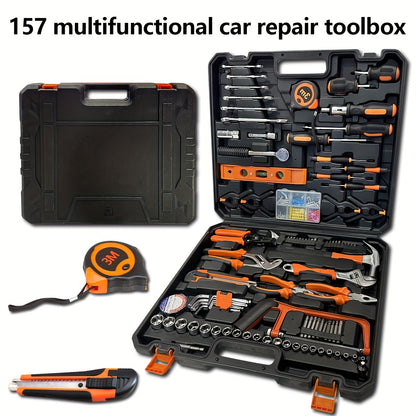 157pcs Tool Kit - Portable Mechanical Set with Adjustable Wrench, Drive Socket Combination, Saw, Chrome Vanadium Steel, Black, Durable Plastic Toolbox, No Assembly Required, Non-Electric, Battery-Free, for Home, Apartment, Ga