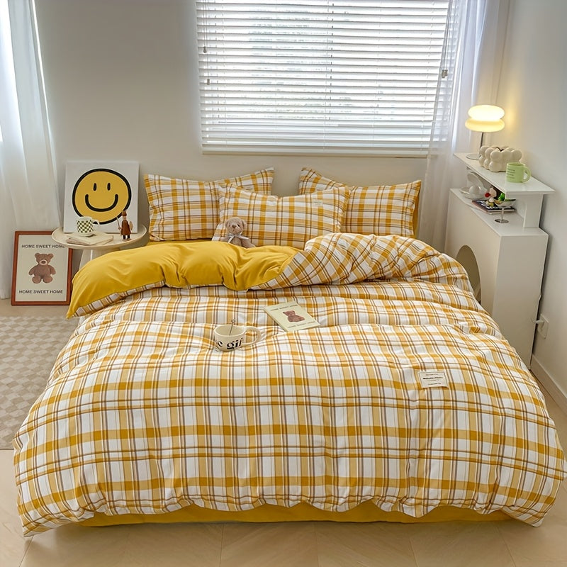 4pcs quilt set (1*quilt cover + 1*bed sheet + 2*pillowcases, excluding quilt core), yellow and white line printed bedding set, soft and comfortable four-season quilt cover, suitable for bedroom and guest room