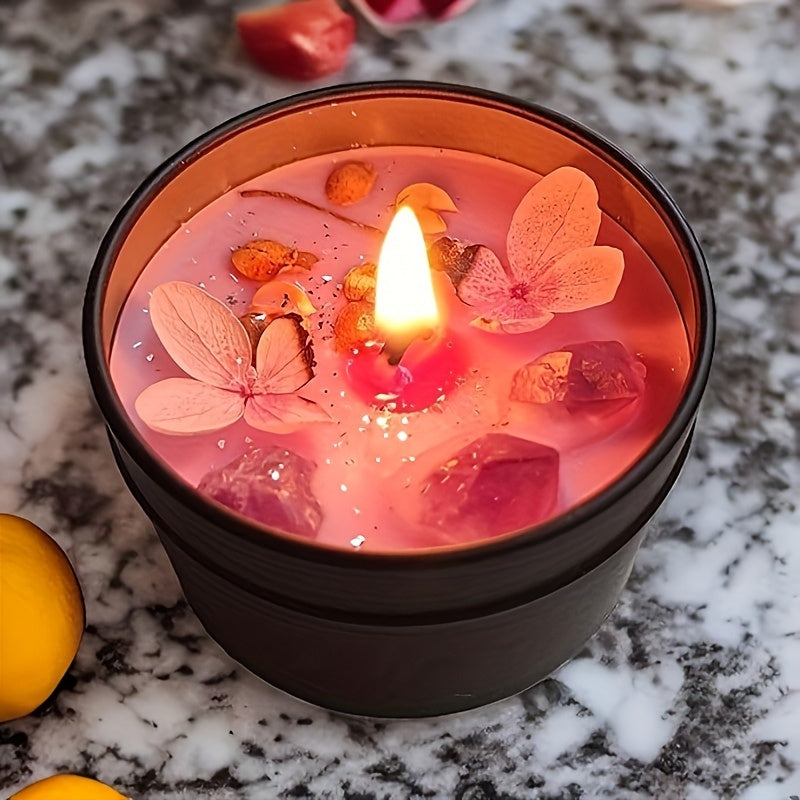 Elegant Lavender Scented Candle in Black Tin - Aesthetic Purple Crystals &amp; Petals Design, Soft Fragrance Natural Soy Wax - Ideal for Relaxation &amp; Home Decor, Perfect Women's Gift, Relaxation Candle|Spa Atmosphere Candle|Black