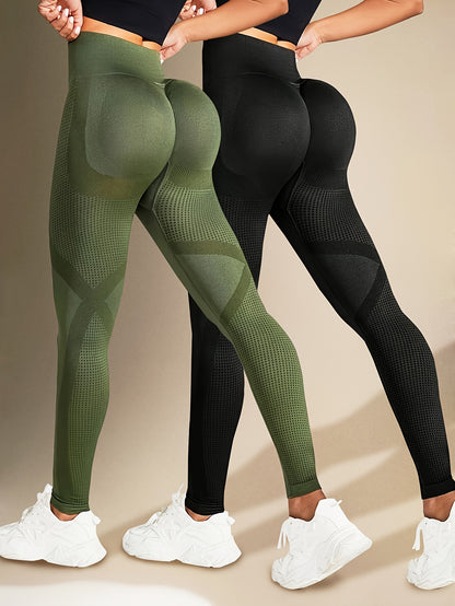 Two Solid Color High-Elasticity Fitness Yoga Leggings - Abdominal Control, Pleated, Elastic Waistband, Long Length, Made of Polyamide And Elastic Materials - Suitable for Women'S Activewear, Exercise, And All Seasons.