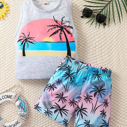 Boy's Coconut Trees Casual Outfit Round Neck Tank Top & Shorts Comfortable Breathable For Summer Kids Clothes Sets, Ideal For Daily & Outdoor Wear