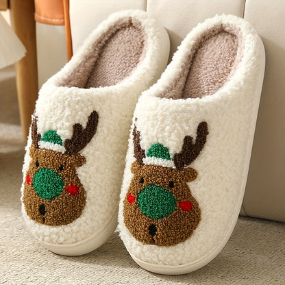 Pantufas felpudas com estampado de árvore de Natal, chinelos de inverno fechados e quentinhos para usar em casa, pantufas aconchegantes de sola macia e felpuda.