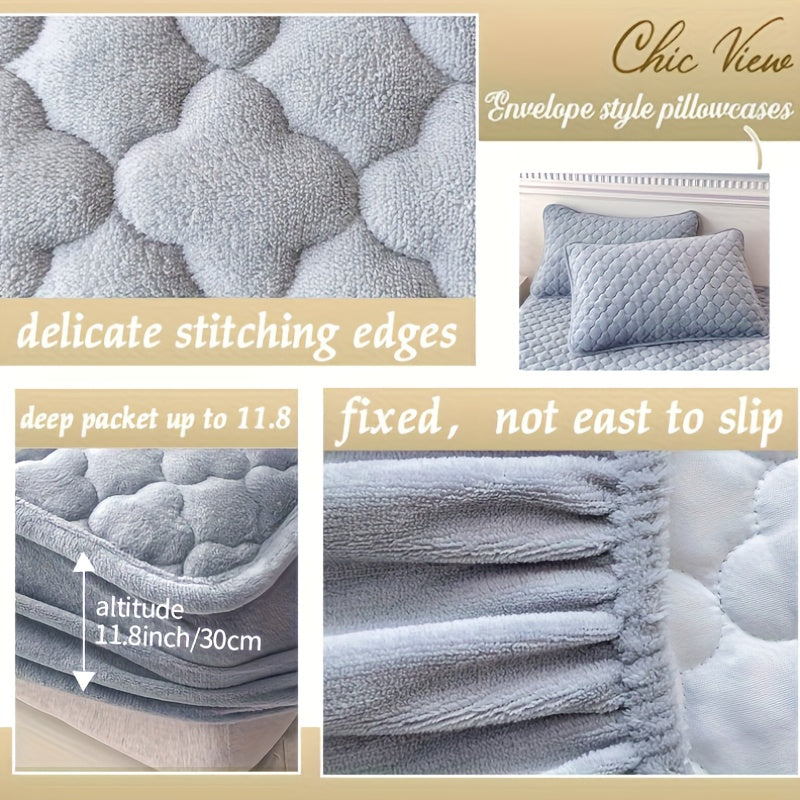 Conjunto de 3 peças de lençol de baixo e fronha em veludo macio e confortável, com enchimento grosso tipo sanduíche, excelente efeito de aquecimento, altura do lençol de baixo de 30 cm, estilo acolchoado, ideal para quarto de hóspedes e quarto de família.