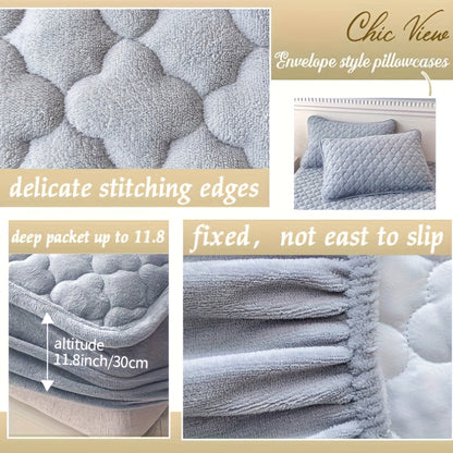 Conjunto de 3 peças de lençol de baixo e fronha em veludo macio e confortável, com enchimento grosso tipo sanduíche, excelente efeito de aquecimento, altura do lençol de baixo de 30 cm, estilo acolchoado, ideal para quarto de hóspedes e quarto de família.