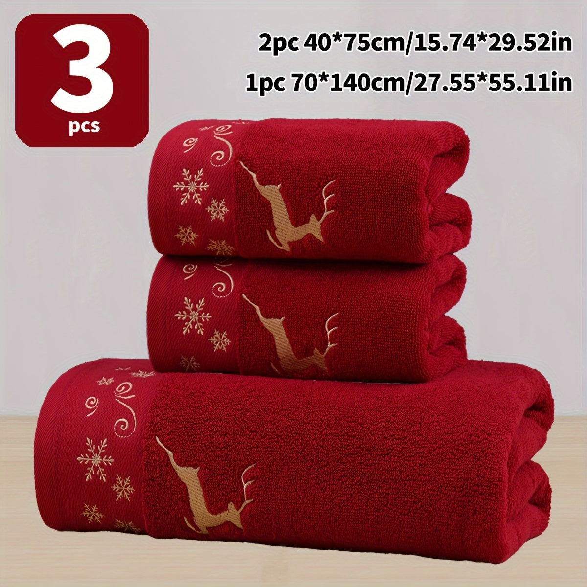 3pcs Christmas 100% Cotton Towel Bath Towel Set 2pcs Towels + 1pc Bath Towel Cotton Terry Embroidered Reindeer Towel Bath Towel, Christmas Red Towel Bath Towel Set, Merry Christmas Bathroom Supplies, Christmas Gift Christmas