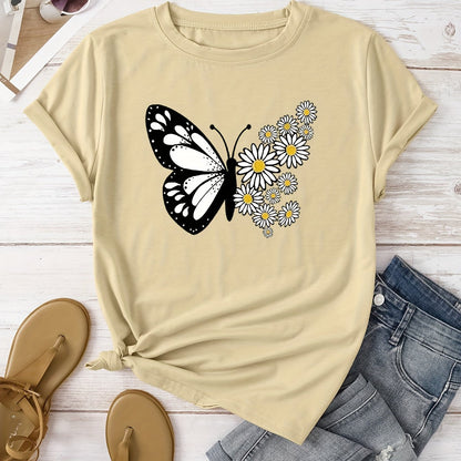 T-shirt casual para mulher com estampado floral de borboletas e margaridas, gola redonda - Verde azeitona, Lavável à máquina, Modelagem regular para looks casuais, Moda para todas as estações, Estilo descontraído, Tecido não transparente