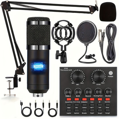 Podcast Equipment Bundle, with BM800 Podcast Microphone And V8 Sound Card, Voice Changer - Audio Interface -Perfect for Recording, Singing, Streaming And Gaming, Microphone for Podcast, Microphone Podcast, Compact Setup, Reli