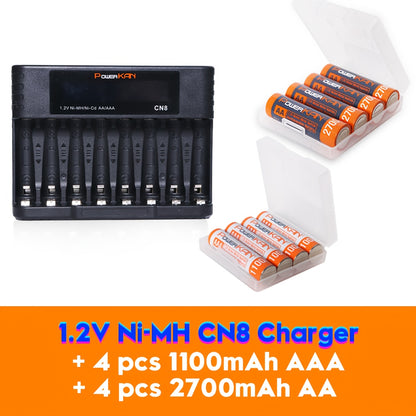 POWERKAN kit (battery + charger), 1.2V NiMH rechargeable AA and AAA batteries + CN8 charger, AA/AAA rechargeable and reusable, suitable for remote controls, alarm clocks, microphones and other household essential electronic d