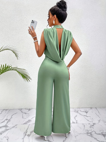 Women's Elegant High-Waisted Sleeveless Wide-Leg Jumpsuit - Beige Stand Collar Non-Stretch Machine Washable All-Season Versatile Outfit for Casual & Formal Events (NS702), Event Clothing | Sophisticated Style | Sophisticated