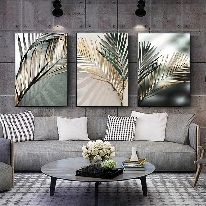 3pcs Nordic Botanical Wall Art - Golden Palm Leaf Plant Canvas Painting - Scandinavian Decor - Home Decor - No Frame