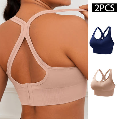 2pcs Stretchy Solid Racer Back Sports Bra, Comfy & Breathable Push Up Fitness Bra, Women's Lingerie & Underwear