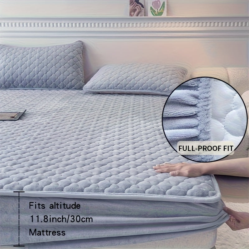 Conjunto de 3 peças de lençol de baixo e fronha em veludo macio e confortável, com enchimento grosso tipo sanduíche, excelente efeito de aquecimento, altura do lençol de baixo de 30 cm, estilo acolchoado, ideal para quarto de hóspedes e quarto de família.