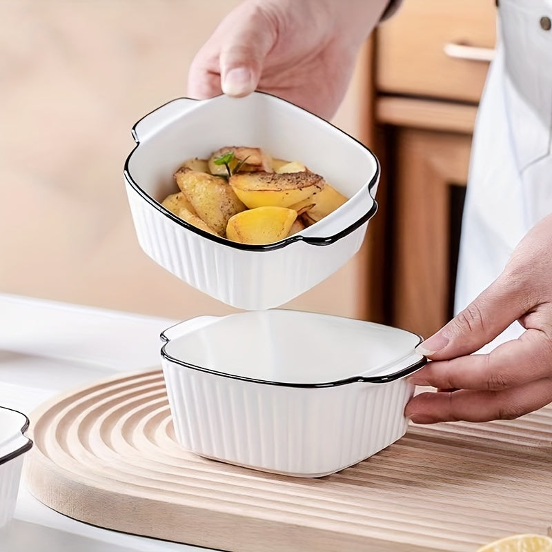 4pcs, 13oz ceramic baking dishes, black-rimmed square baking dishes, small baking dishes suitable for air fryers, ceramic bakeware with handles, oven-safe, microwave-safe, dishwasher-safe. Kitchen supplies. Dessert bowls. Fru