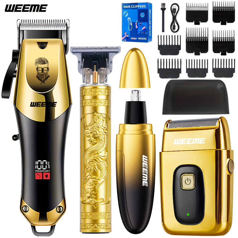 WEEME 4pcs Men'S Golden Electric Hairdresser Set, Household Beard Building Kit. Electric Hair Clipper + Electric Shaver + Electric Nose Hair Trimmer + Fine Trimmer. Used for Home, Car and Travel. Gifts for Fathers, Husbands,