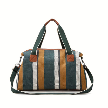 HUOHUO Women's Large Capacity Retro Striped Travel Handbag & Carry-On Luggage - Lightweight Nylon Suitcase with Adjustable Strap, Golden-Tone Hardware, Zipper Closure & Lining - Casual & Formal Use for Airplane, Train, Car Tr