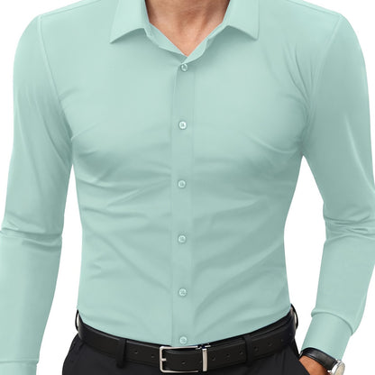 Camisola de homem de manga comprida com corte slim - 55% algodão, 40% poliéster, 5% elastano, cor lisa, para todas as estações, tecido plano, fecho com botões, gola de lapela, ideal para o fim de semana, 125 g/m²